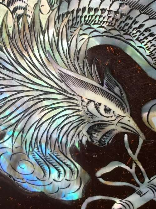 Vintage Chinese Black & Red Lacquered Wall Art Panels With Mother Of Pearl Inlay Mythical Animals