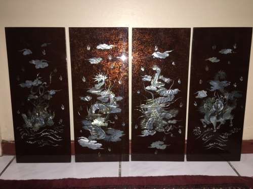 Vintage Chinese Black & Red Lacquered Wall Art Panels With Mother Of Pearl Inlay Mythical Animals