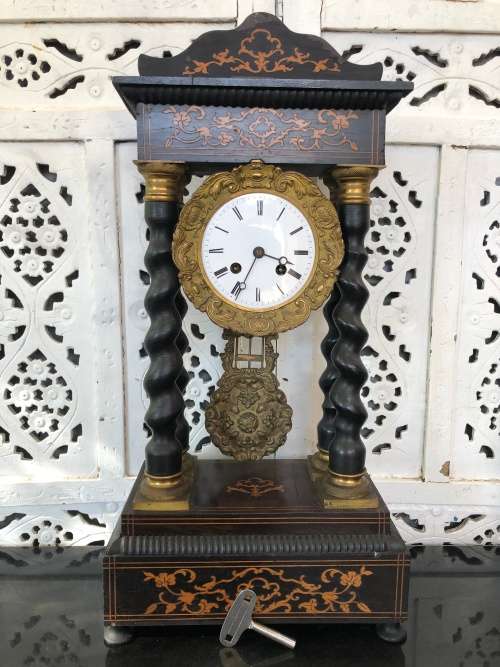 WOW !!! STUNNING PORTICO EBONISED MANTLE CLOCK - JAPY FRERES MOVEMENT DATED 1855 - WORKING 100%