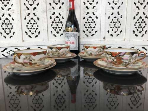 A Set of 4 Vintage Marked Japanese Kutani Eggshell Porcelain Mt Fuji & Temple Gardens Trios
