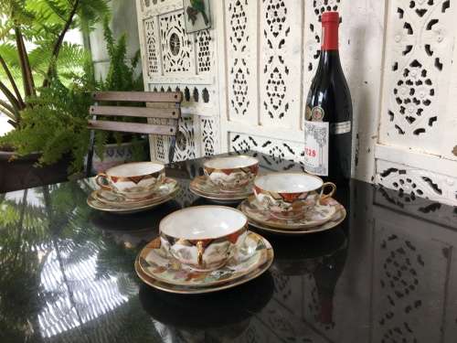 A Set of 4 Vintage Marked Japanese Kutani Eggshell Porcelain Mt Fuji & Temple Gardens Trios