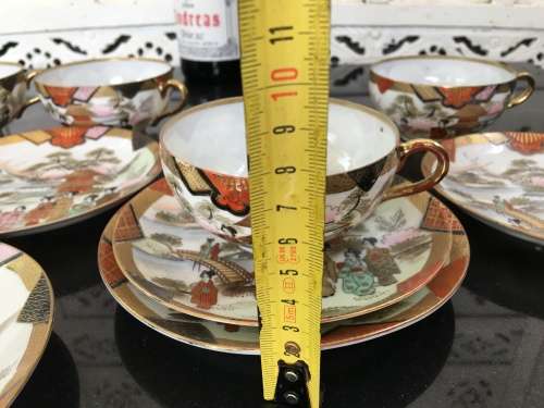 A Set of 4 Vintage Marked Japanese Kutani Eggshell Porcelain Mt Fuji & Temple Gardens Trios