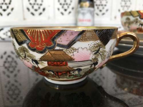 A Set of 4 Vintage Marked Japanese Kutani Eggshell Porcelain Mt Fuji & Temple Gardens Trios