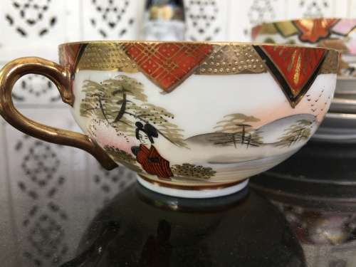 A Set of 4 Vintage Marked Japanese Kutani Eggshell Porcelain Mt Fuji & Temple Gardens Trios