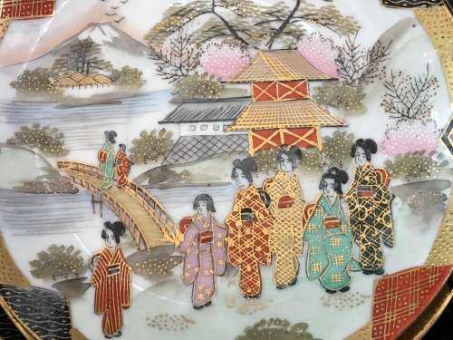 A Set of 4 Vintage Marked Japanese Kutani Eggshell Porcelain Mt Fuji & Temple Gardens Trios