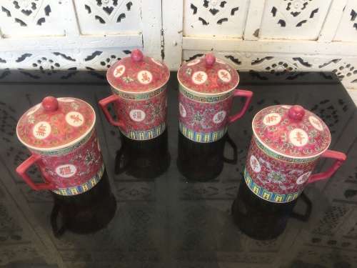 lot 1960's Zhongguo Jingdezhen Porcelain 4 x Large Cups with Lid  Red Base Enamel Hand Painted .....