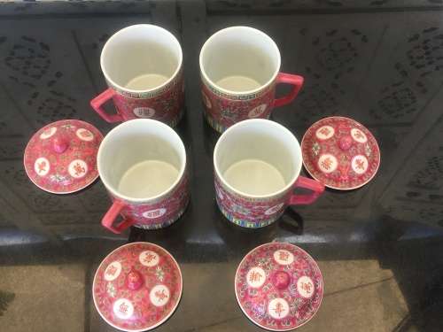 lot 1960's Zhongguo Jingdezhen Porcelain 4 x Large Cups with Lid  Red Base Enamel Hand Painted .....
