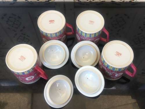 lot 1960's Zhongguo Jingdezhen Porcelain 4 x Large Cups with Lid  Red Base Enamel Hand Painted .....