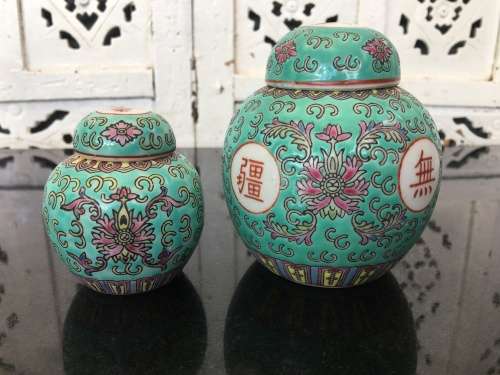lot 1960's Zhongguo Jingdezhen Porcelain 2 small Ginger Jars  Green Base Enamel Hand Painted .....