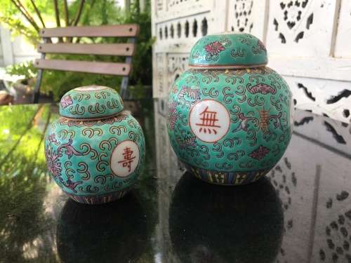 lot 1960's Zhongguo Jingdezhen Porcelain 2 small Ginger Jars  Green Base Enamel Hand Painted .....