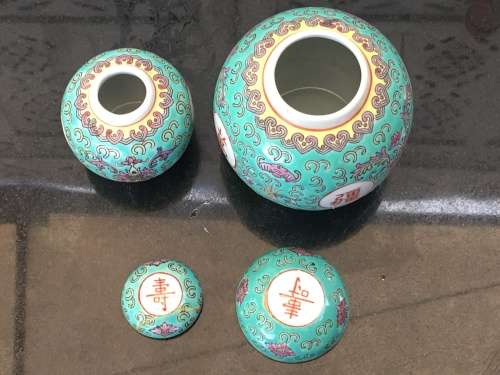 lot 1960's Zhongguo Jingdezhen Porcelain 2 small Ginger Jars  Green Base Enamel Hand Painted .....