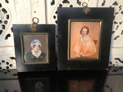 WOW !!! STUNNING FRAMED PAIR OF FAMILY PORTRAITS OF THE LE FEUVRE SISTERS - 18/19TH CENTURY