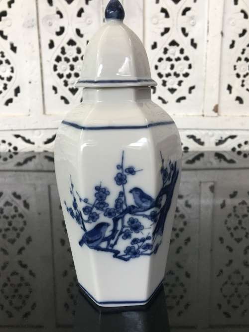 Small Japanese Porcelain Hand Painted Blue Under Glaze bird and Cherry Blosom Lidded Vase