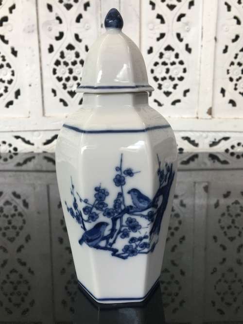 Small Japanese Porcelain Hand Painted Blue Under Glaze bird and Cherry Blosom Lidded Vase