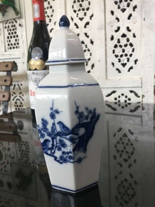 Small Japanese Porcelain Hand Painted Blue Under Glaze bird and Cherry Blosom Lidded Vase
