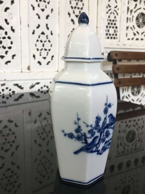 Small Japanese Porcelain Hand Painted Blue Under Glaze bird and Cherry Blosom Lidded Vase