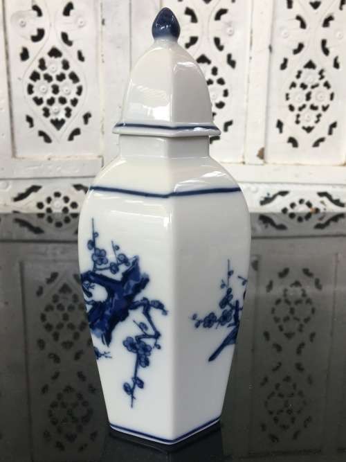 Small Japanese Porcelain Hand Painted Blue Under Glaze bird and Cherry Blosom Lidded Vase