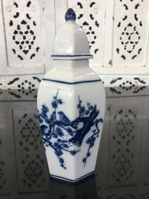 Small Japanese Porcelain Hand Painted Blue Under Glaze bird and Cherry Blosom Lidded Vase