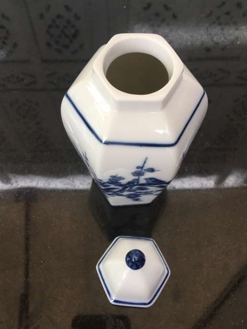 Small Japanese Porcelain Hand Painted Blue Under Glaze bird and Cherry Blosom Lidded Vase