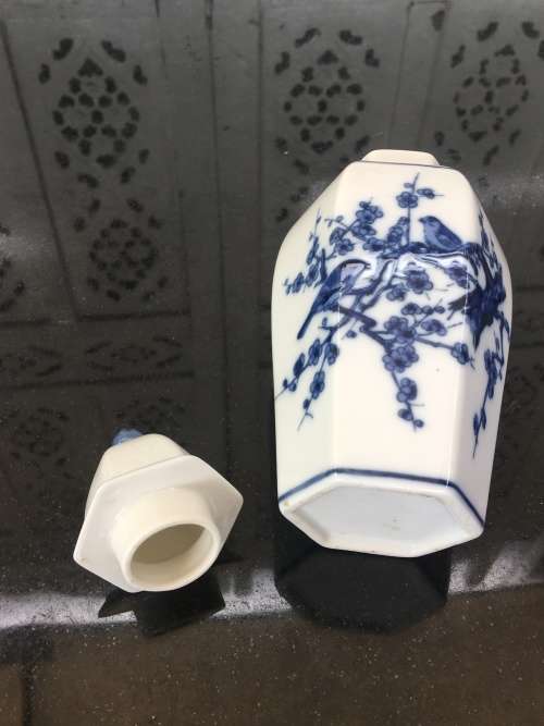 Small Japanese Porcelain Hand Painted Blue Under Glaze bird and Cherry Blosom Lidded Vase