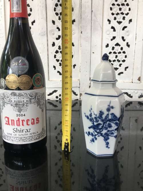 Small Japanese Porcelain Hand Painted Blue Under Glaze bird and Cherry Blosom Lidded Vase