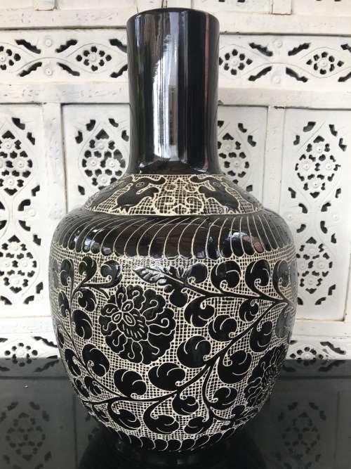Wow!!! A Large Majestic Chinese Cizhou Noir Style Carved Bottle Vase with Markings on Base