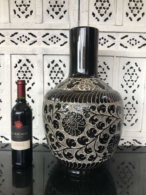 Wow!!! A Large Majestic Chinese Cizhou Noir Style Carved Bottle Vase with Markings on Base