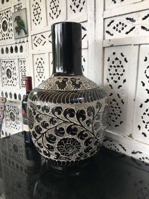 Wow!!! A Large Majestic Chinese Cizhou Noir Style Carved Bottle Vase with Markings on Base