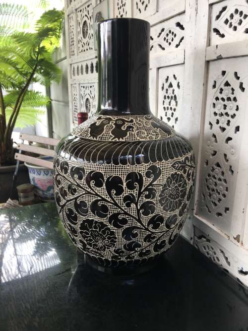 Wow!!! A Large Majestic Chinese Cizhou Noir Style Carved Bottle Vase with Markings on Base