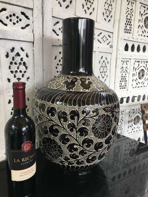 Wow!!! A Large Majestic Chinese Cizhou Noir Style Carved Bottle Vase with Markings on Base
