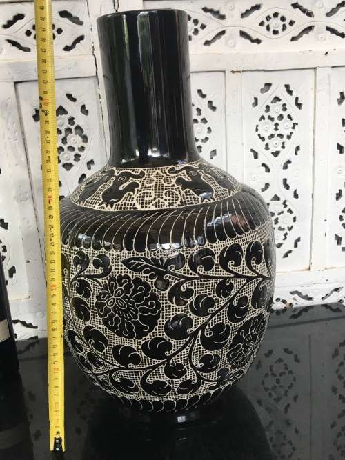 Wow!!! A Large Majestic Chinese Cizhou Noir Style Carved Bottle Vase with Markings on Base