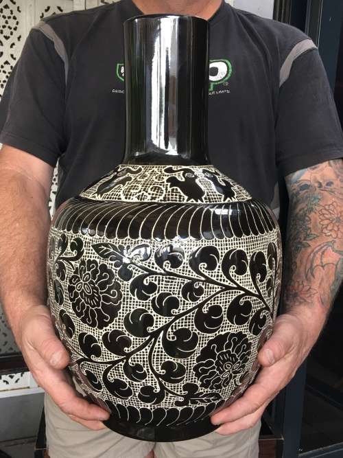 Wow!!! A Large Majestic Chinese Cizhou Noir Style Carved Bottle Vase with Markings on Base