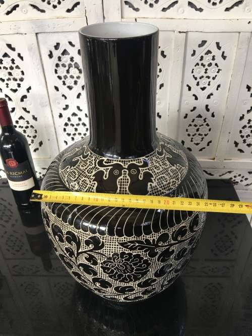 Wow!!! A Large Majestic Chinese Cizhou Noir Style Carved Bottle Vase with Markings on Base