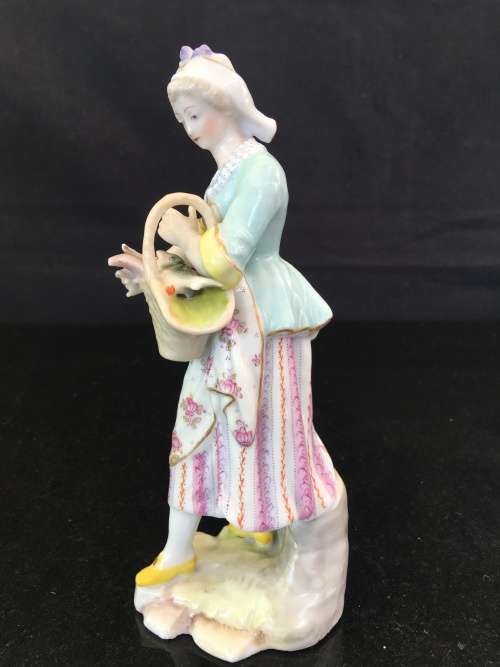 Rare Porcelain Maiden & Basket of Fish figurine by Choisy le Roi - Meissen Blue Swords marks