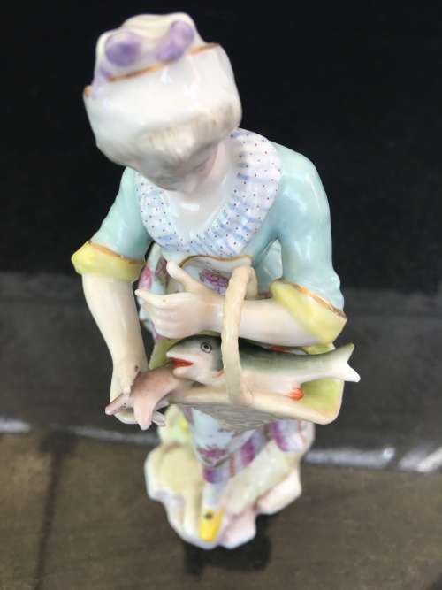 Rare Porcelain Maiden & Basket of Fish figurine by Choisy le Roi - Meissen Blue Swords marks