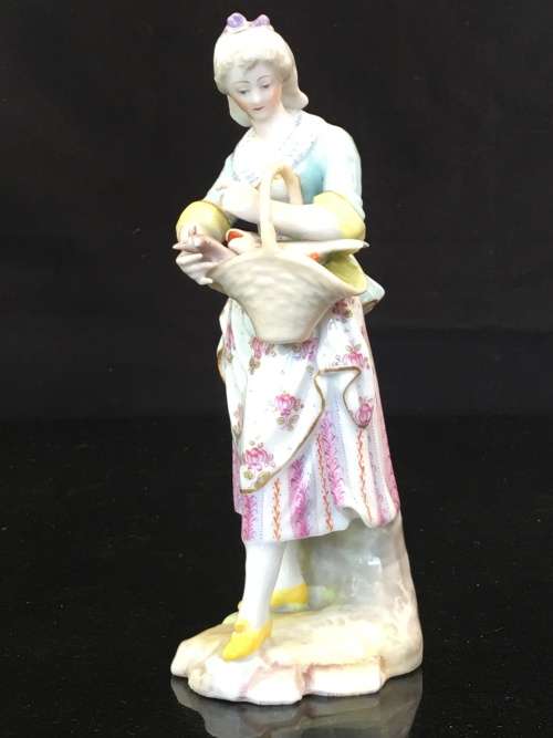 Rare Porcelain Maiden & Basket of Fish figurine by Choisy le Roi - Meissen Blue Swords marks