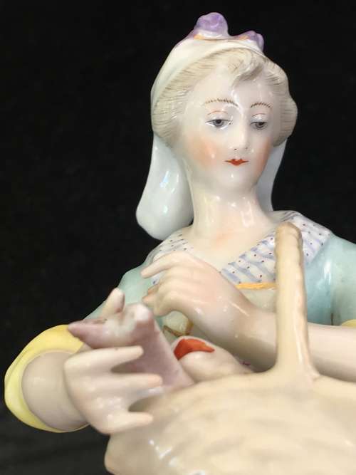 Rare Porcelain Maiden & Basket of Fish figurine by Choisy le Roi - Meissen Blue Swords marks