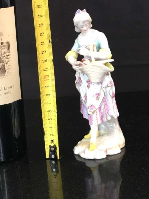 Rare Porcelain Maiden & Basket of Fish figurine by Choisy le Roi - Meissen Blue Swords marks
