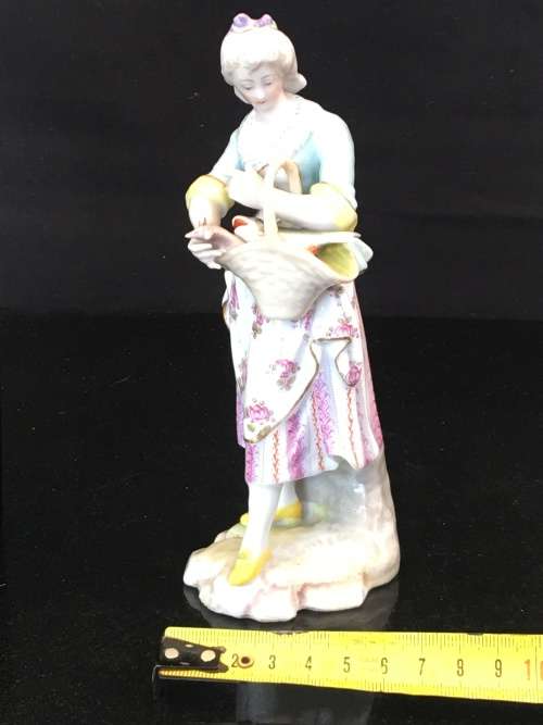 Rare Porcelain Maiden & Basket of Fish figurine by Choisy le Roi - Meissen Blue Swords marks