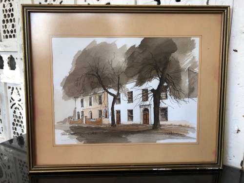 INVESTMENT ART !! DAVID WHEILDON OOSTHUIZEN (1946 - ) WATERCOLOR TITLED "DORP STREET STELLENBOSCH"