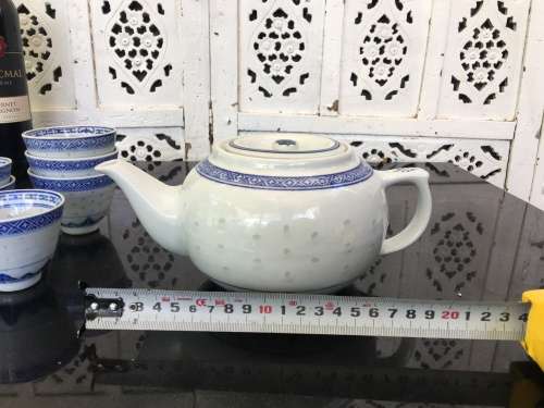 Lot Vintage Chinese Rice Pattern Porcelain Tableware. Tea Pot & 6 Dragon Earless Cups