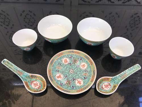 7 Piece Green Enamel Painted Zhongguo Jingdezhen  Mun Shou Longevity Chinese Porcelain Tableware