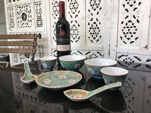 7 Piece Green Enamel Painted Zhongguo Jingdezhen  Mun Shou Longevity Chinese Porcelain Tableware
