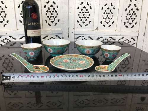 7 Piece Green Enamel Painted Zhongguo Jingdezhen  Mun Shou Longevity Chinese Porcelain Tableware