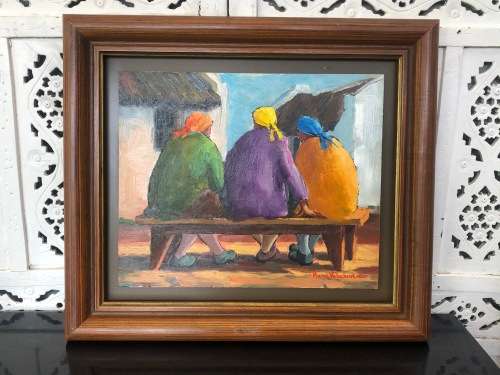 INVESTMENT ART !!!! PIERRE VOLSCHENK (1926 - ) FRAMED OIL ON BOARD TITLED "DRIE VROUENS" DATED 2001