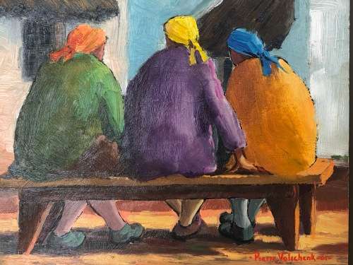 INVESTMENT ART !!!! PIERRE VOLSCHENK (1926 - ) FRAMED OIL ON BOARD TITLED "DRIE VROUENS" DATED 2001