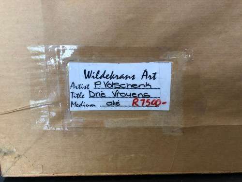 INVESTMENT ART !!!! PIERRE VOLSCHENK (1926 - ) FRAMED OIL ON BOARD TITLED "DRIE VROUENS" DATED 2001