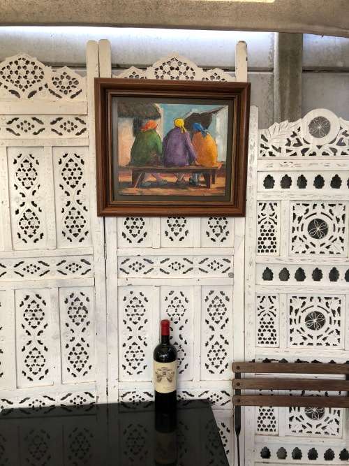 INVESTMENT ART !!!! PIERRE VOLSCHENK (1926 - ) FRAMED OIL ON BOARD TITLED "DRIE VROUENS" DATED 2001