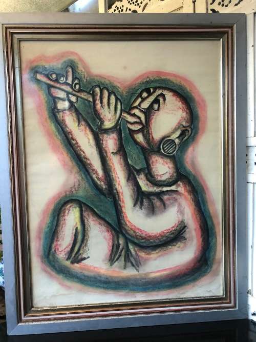 INVESTMENT ART !!! BILLY MOLOKENG (1949 -) HUGE MIXED MEDIA - TITLED "PENNY WHISTLER"
