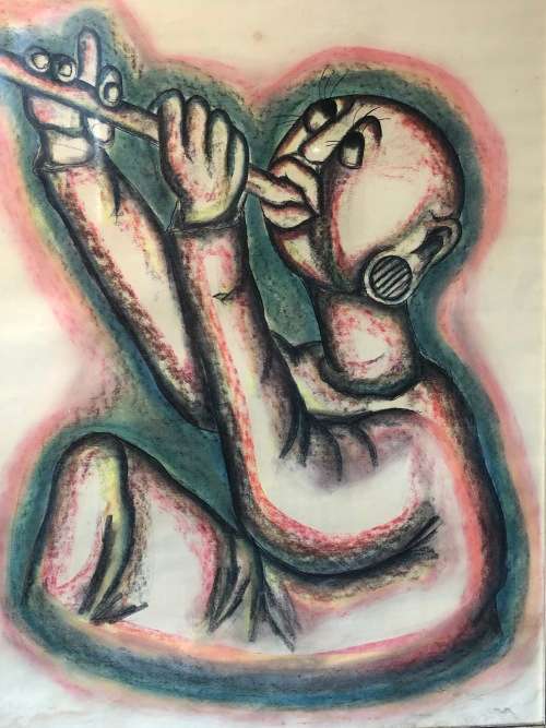 INVESTMENT ART !!! BILLY MOLOKENG (1949 -) HUGE MIXED MEDIA - TITLED "PENNY WHISTLER"